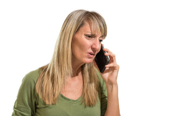 confused adult woman receiving a call, white background