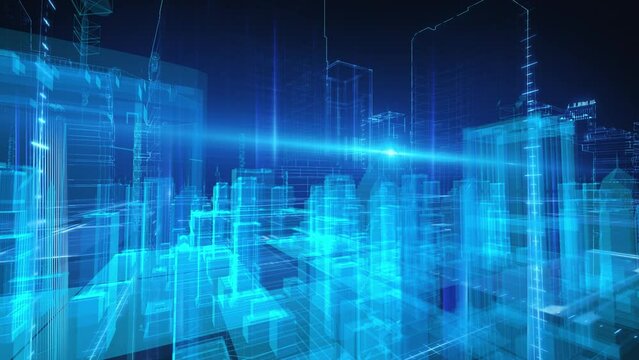 Holographic digital city buildings, high-tech wireframe cities, futuristic big data city buildings.