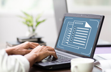 Businessman work with laptop and to do document management  with process check list control at...