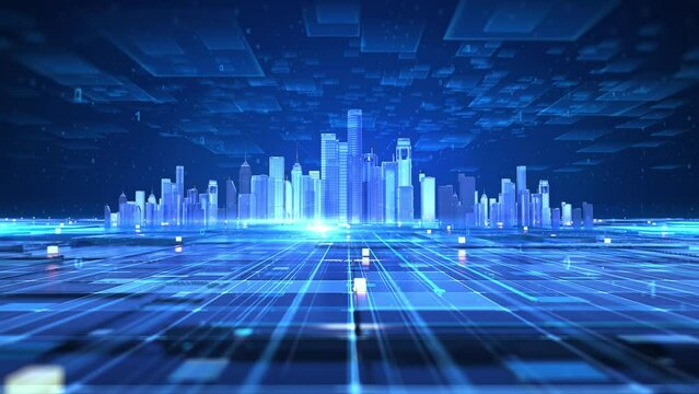 Digital technology city building, future high-tech city, corporate publicity background video.