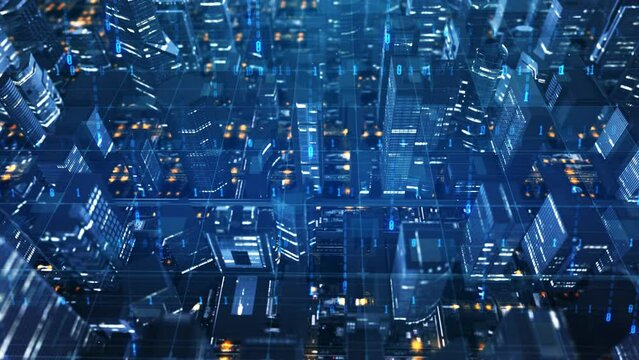 Digital technology city building, future high-tech city. Aerial view of the city, corporate publicity background video.