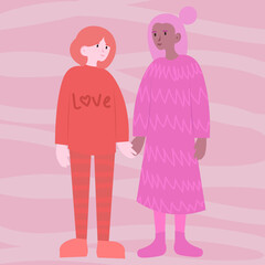 Cute and funny vector drawing of an international lesbian couple. Two young women in love holding hands. Love is love. LGBT+