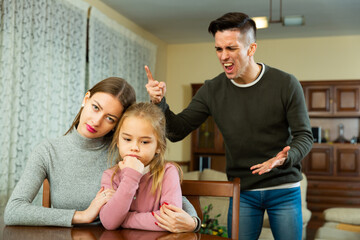 Angry man shouting at his wife in presence of their little daughter in living room
