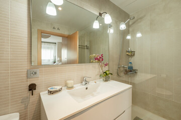 Bathroom with frameless mirror, lamps with glass shades, flower in one corner and shower cabin with glass screen