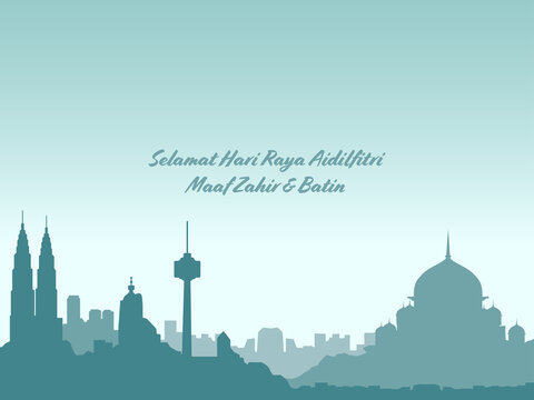 SELAMAT HARI RAYA MAAF ZAHIR BATIN means Happy eid fitr for muslim around the world written over Kuala Lumpur landscape