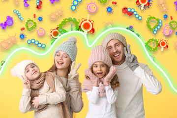 Healthy family with strong immunity on yellow background. Protection against germs, bacteria and...