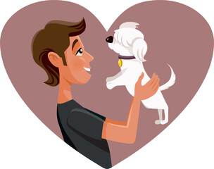 Happy Man Holding His Pet Dog Vector Cartoon Illustration