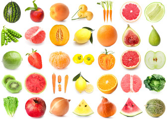 Set of fresh fruits and vegetables on white background