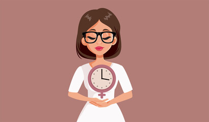 Adult Woman Holding a Clock Conceptual Vector Illustration - obrazy, fototapety, plakaty