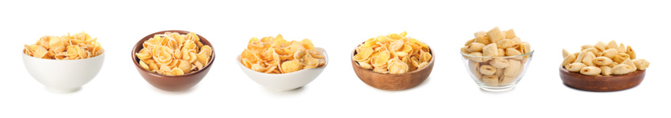 Set of tasty corn flakes on white background