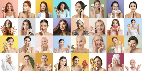 Collage with different women. Skin care concept