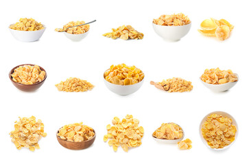 Set of tasty corn flakes on white background