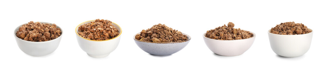 Set of bowls with tasty chocolate granola on white background