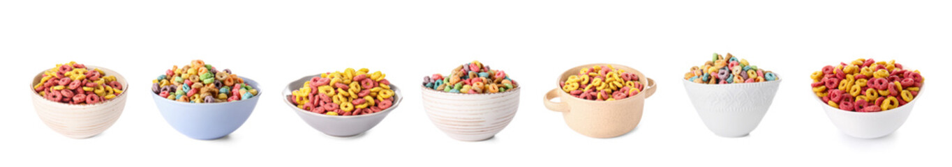 Set of bowls with tasty colorful corn rings on white background
