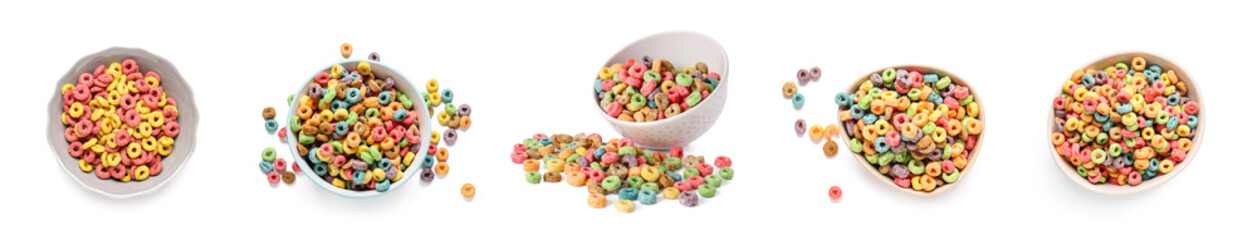 Set of bowls with tasty colorful corn rings on white background