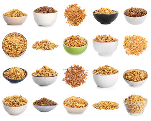 Set of tasty granola on white background