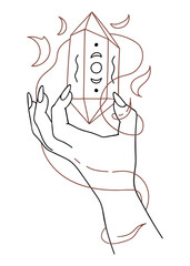 Vector isolated element. Hand. Crystal. Mysticism. Black hand drawn doodle on a white background. The print is used for packaging design.