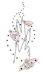 Vector isolated element. Hands. Moth. Mysticism. Black hand drawn doodle on a white background. The print is used for packaging design.