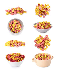 Set of tasty colorful corn rings on white background