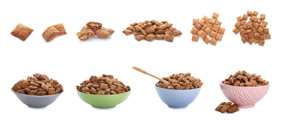 Set of tasty chocolate corn pillows on white background