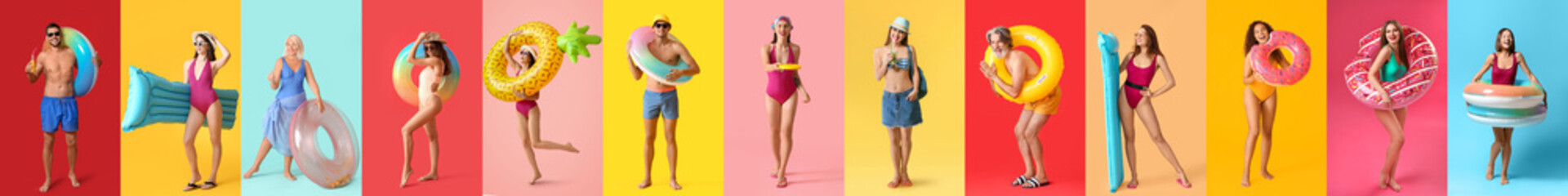 Set of different people in beachwear on colorful background