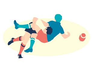 Rugby players tackling on the field