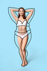 Beautiful young woman after weight loss on light blue background