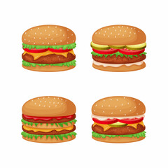 Hamburgers set. Set of four hamburgers with cutlet, tomatoes, cucumbers, cheese and sauces. Fast food. Vector illustration on a white background