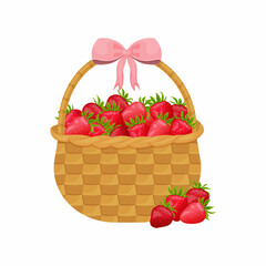 Basket with strawberries. Summer illustration of strawberries with a basket. Sweet strawberries. Ripe red berry. Vector illustration isolated on a white background