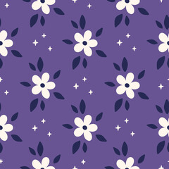 Stoffe zum Nähen Floral vector seamless pattern. Flower and star on very peri background. Modern drawing. Botanical fabric magic print, digital paper, textile design, kids and baby clothes, scrapbooking, wallpaper.