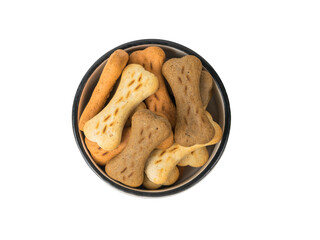 A bowl of cookies for dogs isolated on a white background. Flat lay.