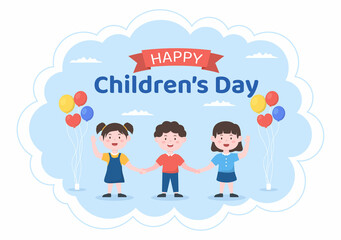 Naklejka premium Happy Children's Day Celebration With Boys and Girls Playing in Cartoon Characters Background Illustration Suitable for Greeting Cards or Posters