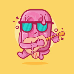 cool pink popsicle ice cream character mascot playing guitar isolated cartoon in flat style design