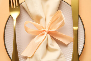 Elegant table setting on color background, closeup