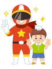 戦隊ヒーローと男の子　写真撮影
