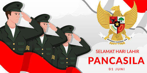 pancasila day - selamat hari lahir pancasila illustration background with salutting people