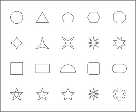 Set of shape and symblo icons line style. It contains such Icons as elements, circle, square, triangle, cross, rectangle, pentagon, hexagon, star, octagon and other elements.
