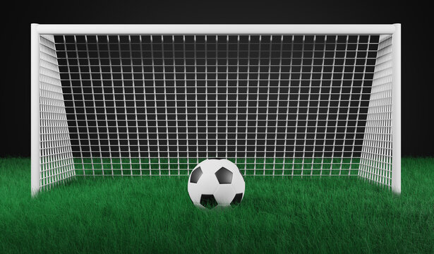 3D render illustration football front of goal in black background