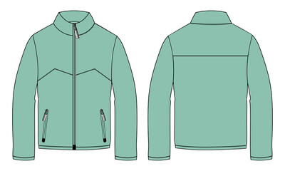 Long sleeve jacket with pocket and zipper technical fashion flat sketch vector illustration Light Green Color template front and back views. Fleece jersey sweatshirt jacket for men's and boys.