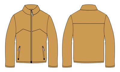 Long sleeve jacket with pocket and zipper technical fashion flat sketch vector illustration Yellow Color template front and back views. Fleece jersey sweatshirt jacket for men's and boys. © ClothingArtStudio 
