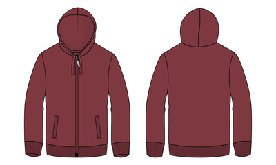 Long sleeve Hoodie technical fashion flat sketch vector illustration Red Color template front and back views. Apparel Winter hoodie mock up Card. Easy edit customizable