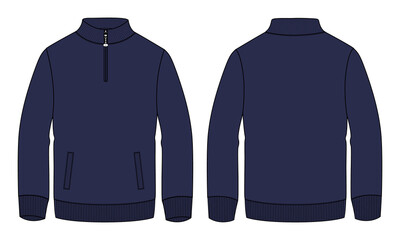 Long sleeve jacket with pocket and zipper technical fashion flat sketch vector illustration navy color template front and back views. Fleece jersey sweatshirt jacket for men's and boys.