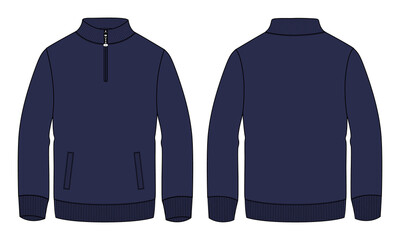 Long sleeve jacket with pocket and zipper technical fashion flat sketch vector illustration navy color template front and back views. Fleece jersey sweatshirt jacket for men's and boys. © ClothingArtStudio 