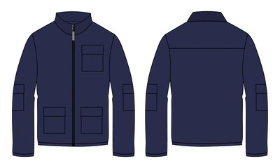 Long sleeve jacket with pocket and zipper technical fashion flat sketch vector illustration Navy Color template front and back views. Fleece jersey sweatshirt jacket for men's and boys.