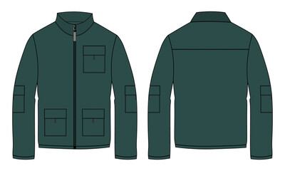Long sleeve jacket with pocket and zipper technical fashion flat sketch vector illustration Green Color template front and back views. Fleece jersey sweatshirt jacket for men's and boys. © ClothingArtStudio 
