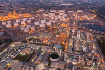 Aerial view of petrochemical oil refinery and sea in industrial engineering concept in Bangna...