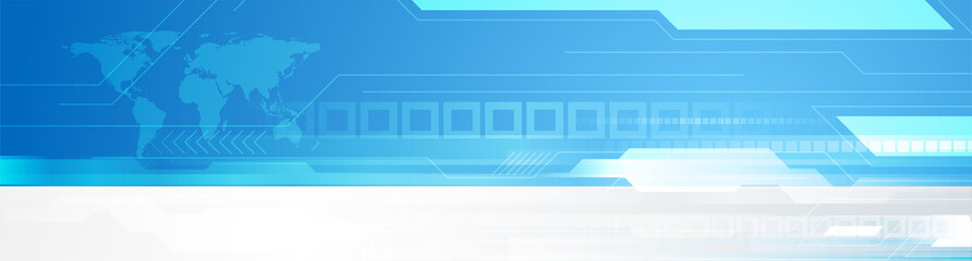 Blue grey technology banner with world map and squares. Geometric vector background