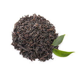 Heap of dry tea leaves isolated on white, top view