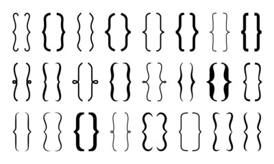 Parenthesis text brackets, curly, round, square, elegant frame. Isolated vector punctuation marks of black parentheses, calligraphy figured elements of curly bracket and brace frames - obrazy, fototapety, plakaty