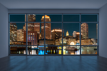 Panoramic picturesque city view of Boston at night time from modern empty room interior, Massachusetts. An intellectual, technological and political center. Night. 3d rendering.